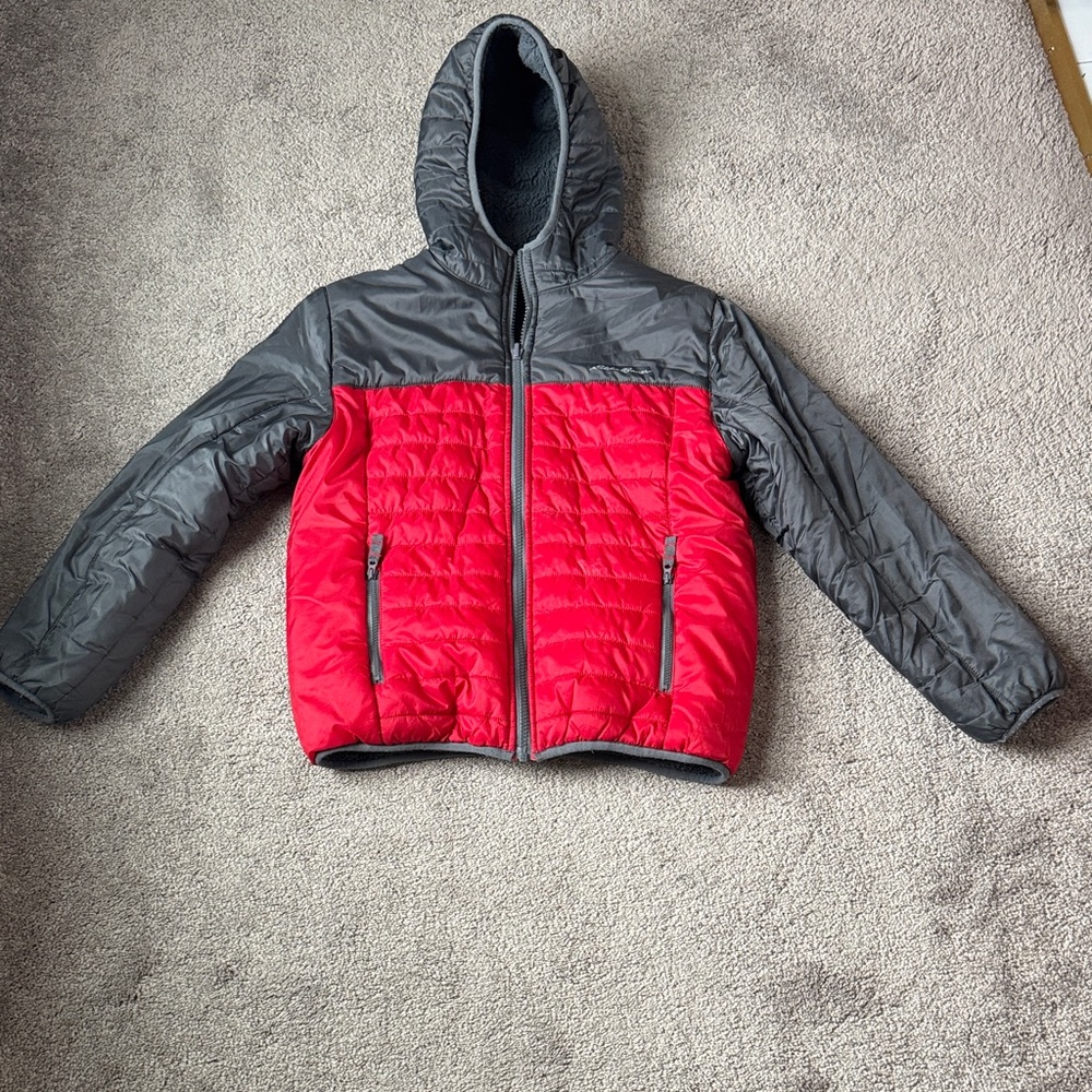 Eddie Bauer Colorblock Reversible Gray/Red Puffer Fleece Jacket SIZE M